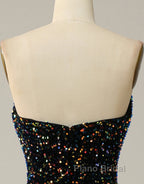 Black A-Line Tea Length Strapless Glitter Sequin Party Dresses