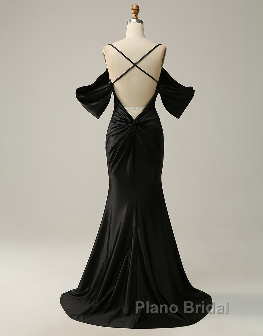 Black Off The Shoulder Criss-Cross Back Long Satin Formal Prom Dresses