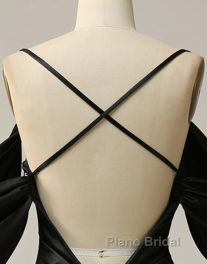 Black Off The Shoulder Criss-Cross Back Long Satin Formal Prom Dresses
