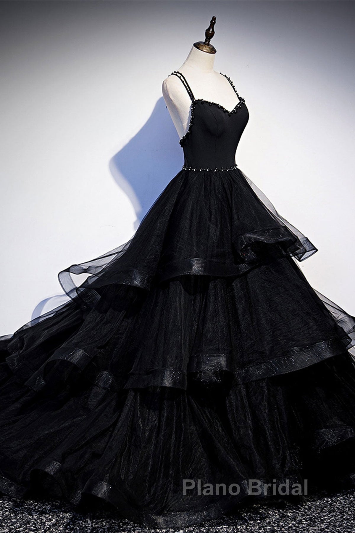 Black Tulle Open Back V Neck Beaded Layered Long Formal Prom Dresses Secondary image