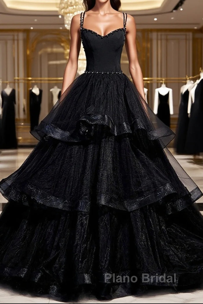 Black Tulle Open Back V Neck Beaded Layered Long Formal Prom Dresses Main image
