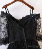 Black Short Sleeve High Low Homecoming Dresses, Lace Appliques Sweetheart Prom Dress