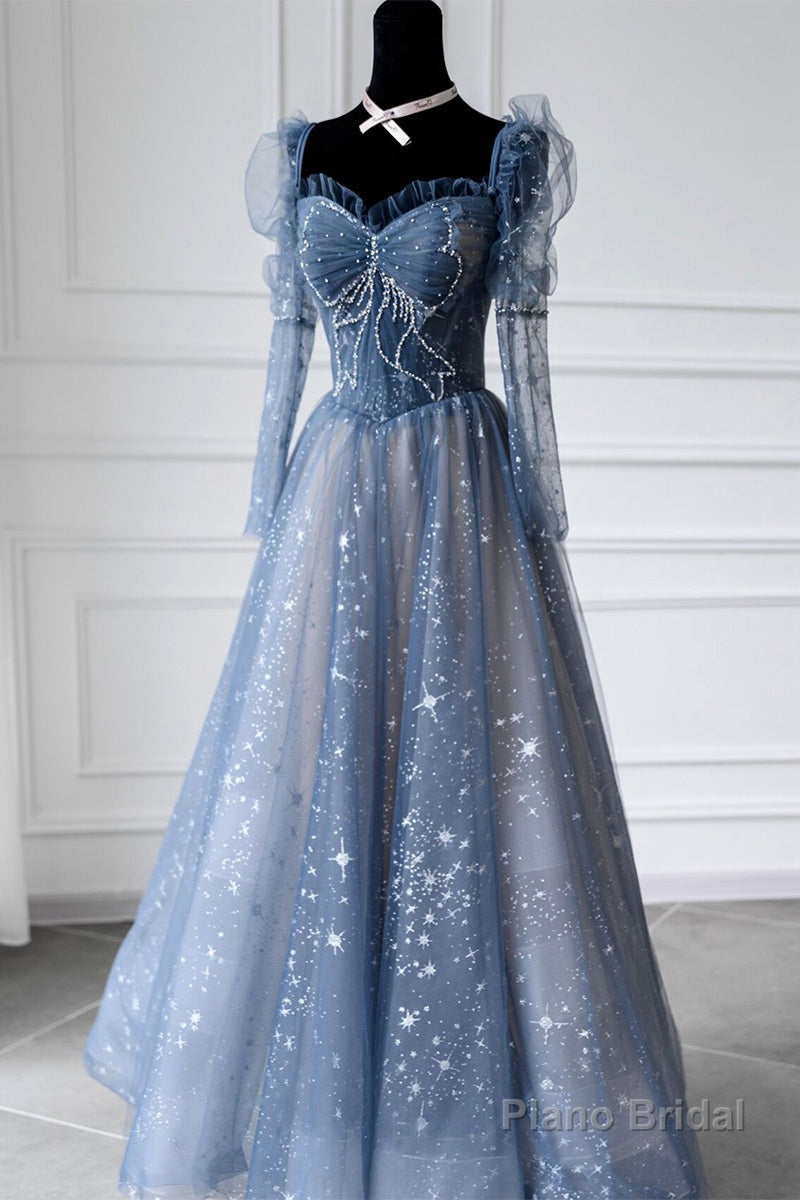 Blue Sparkly Tulle Prom Dress with Long Sleeves, New Style Long Dress with Beading Secondary image