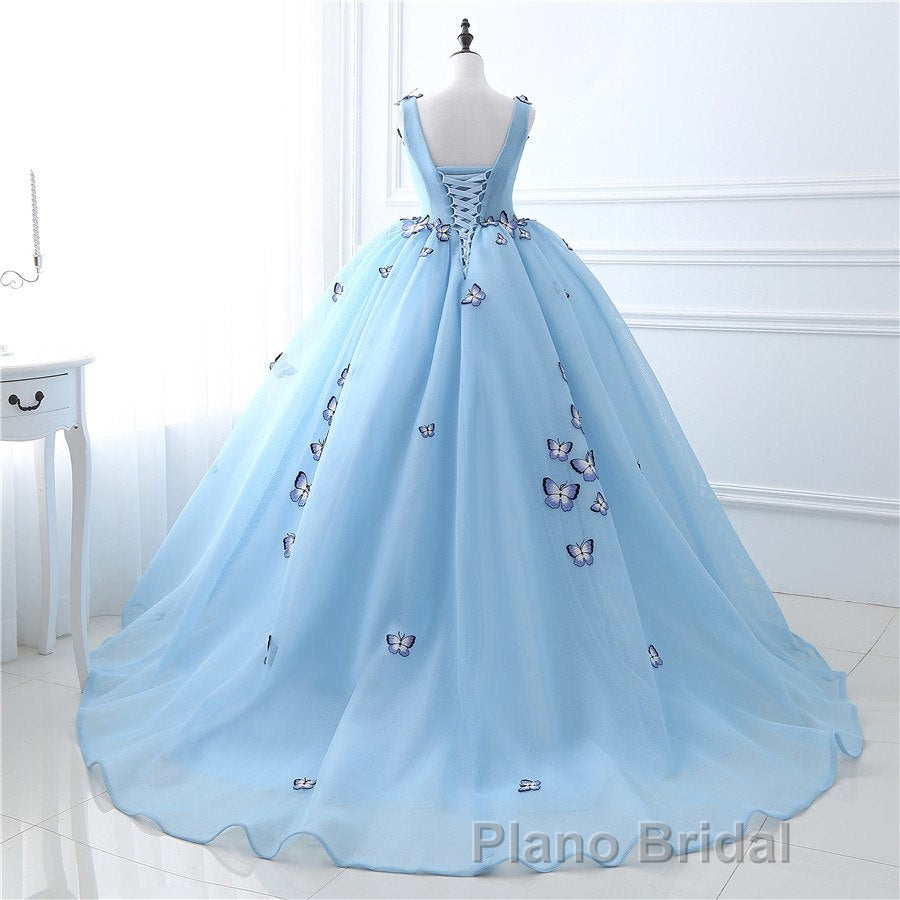 Blue Butterfly Flowers Lace Up Ball Gowns Long Formal Prom Dresses Secondary image