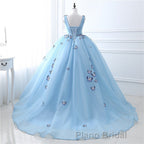 Blue Butterfly Flowers Lace Up Ball Gowns Long Formal Prom Dresses