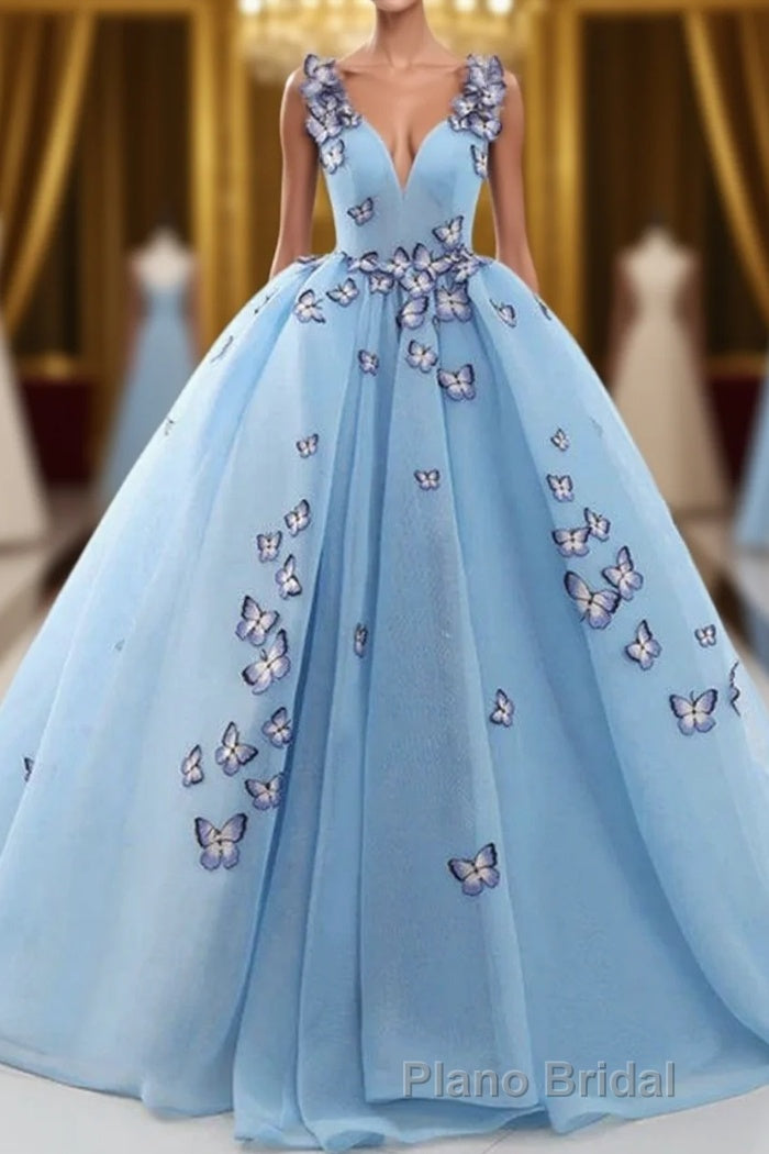 Blue Butterfly Flowers Lace Up Ball Gowns Long Formal Prom Dresses Main image