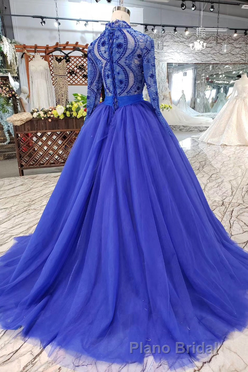 Blue Long Sleeves V Neck Tulle Formal Prom Dresses with Beading