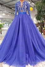 Blue Long Sleeves V Neck Tulle Formal Prom Dresses with Beading