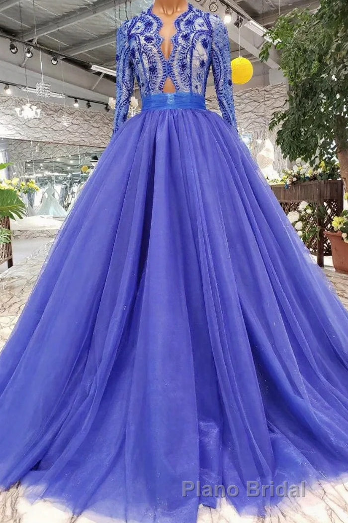Blue Long Sleeves V Neck Tulle Formal Prom Dresses with Beading