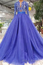 Blue Long Sleeves V Neck Tulle Formal Prom Dresses with Beading
