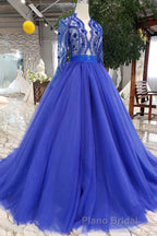 Blue Long Sleeves V Neck Tulle Formal Prom Dresses with Beading