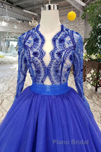 Blue Long Sleeves V Neck Tulle Formal Prom Dresses with Beading