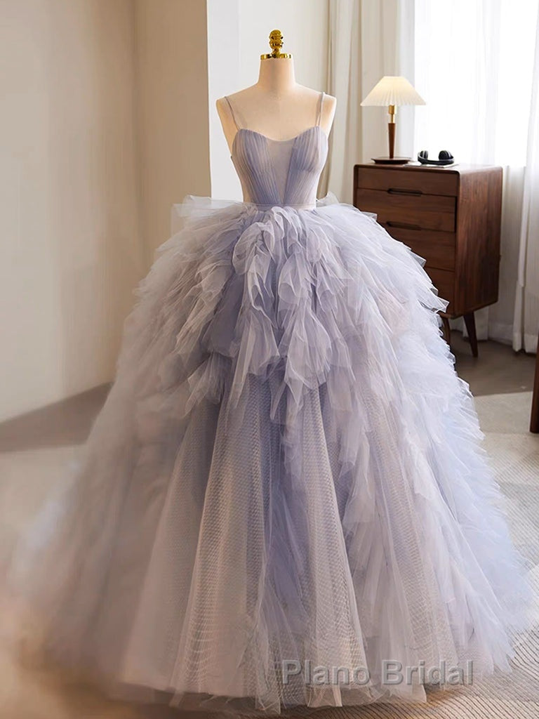 Blue Tulle Long Formal Prom Gown, Blue Tulle Long Sweet 16 Dresses