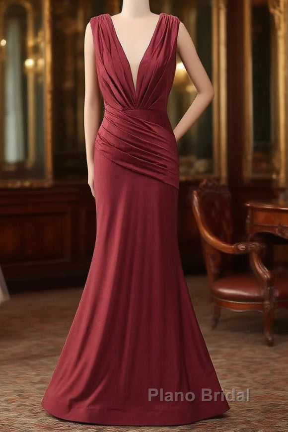 Burgundy Mermaid V-Neck Long Glitter Formal Prom Dresses With Pleating Main image