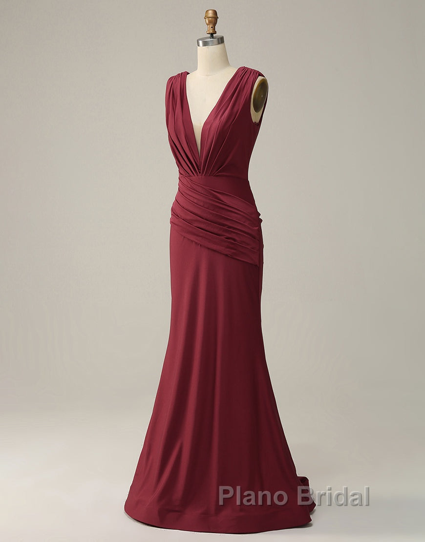 Burgundy Mermaid V-Neck Long Glitter Formal Prom Dresses With Pleating