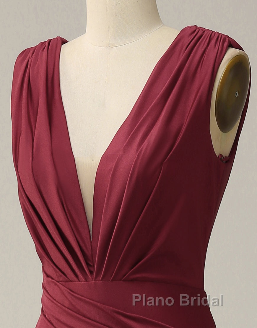 Burgundy Mermaid V-Neck Long Glitter Formal Prom Dresses With Pleating