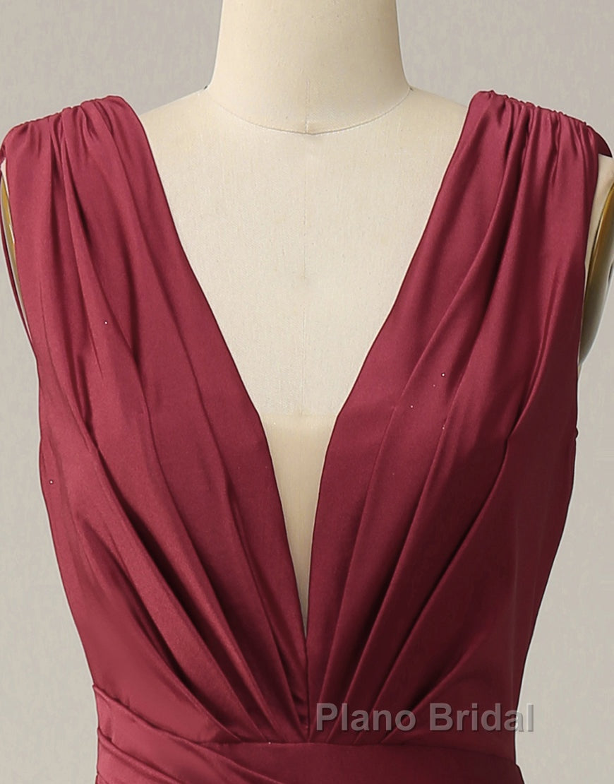 Burgundy Mermaid V-Neck Long Glitter Formal Prom Dresses With Pleating