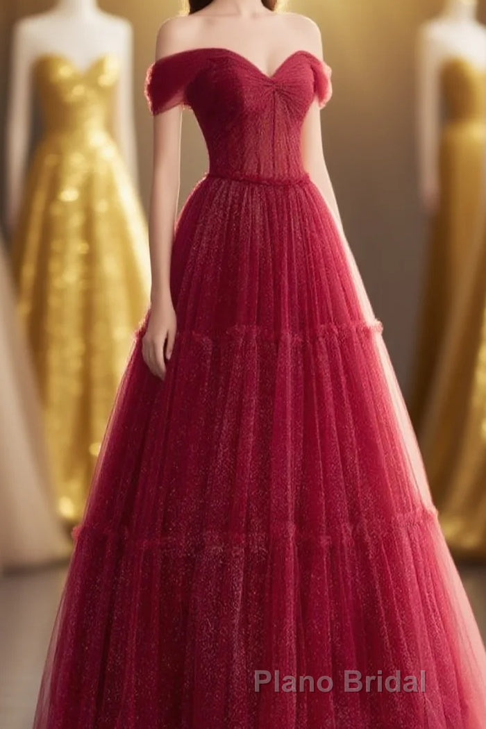 A-line Sweetheart Neck Tulle Burgundy Long Formal Prom Dresses, Off Shoulder Burgundy Prom Dresses Main image