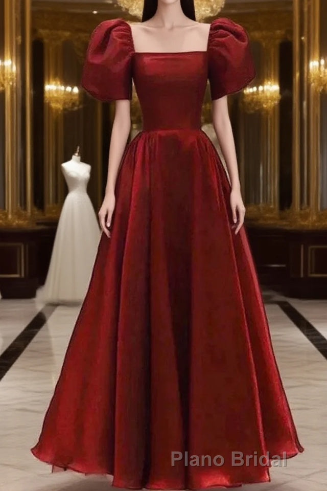 Burgundy A Line Long Formal Prom Dresses with Short Sleeves, New Party Gown Main image
