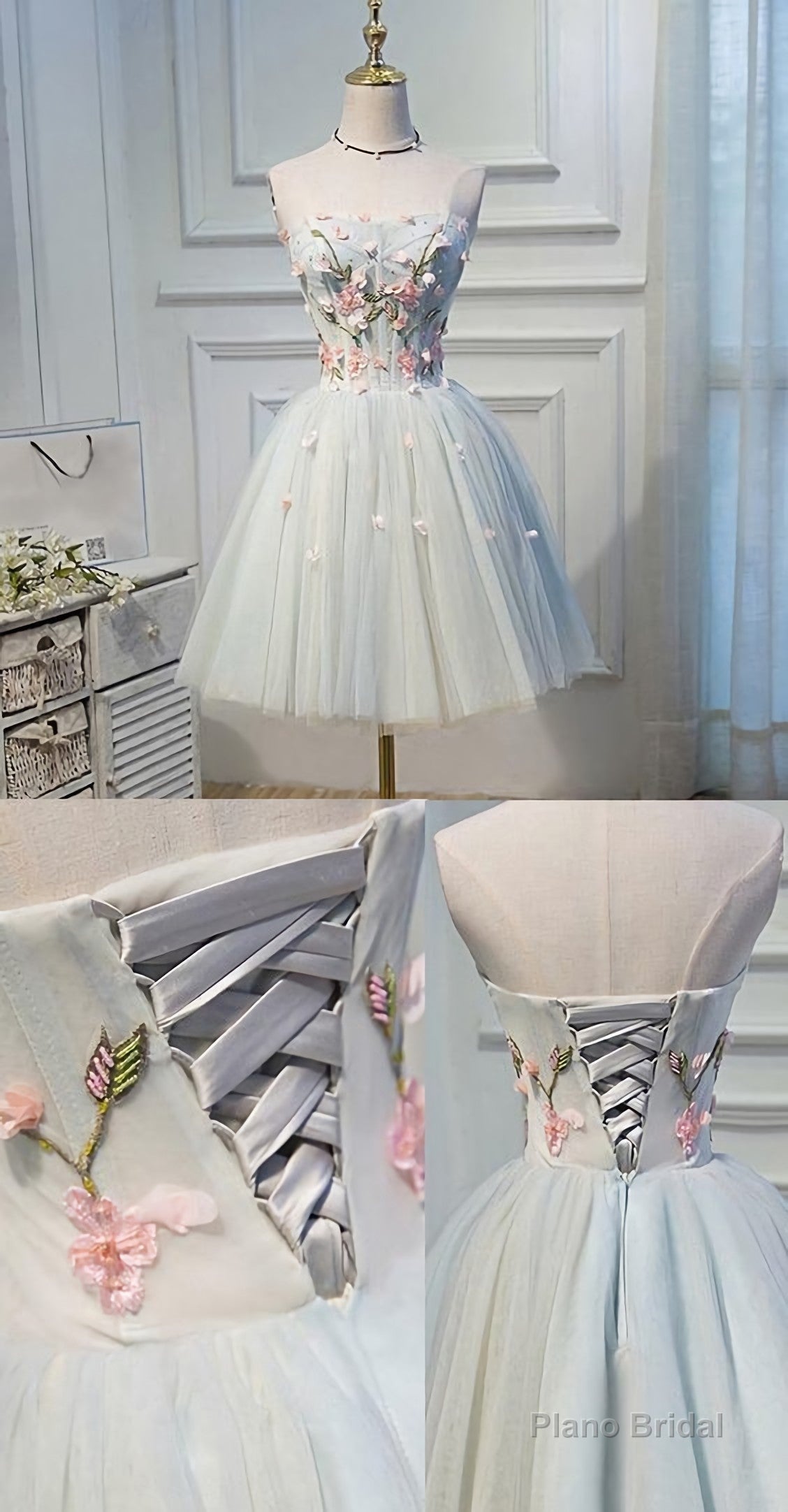 Short Grey Homecoming Prom Dresses With Flower Lace Up Mini Fancy Homecoming Dresses, C0102 Main image