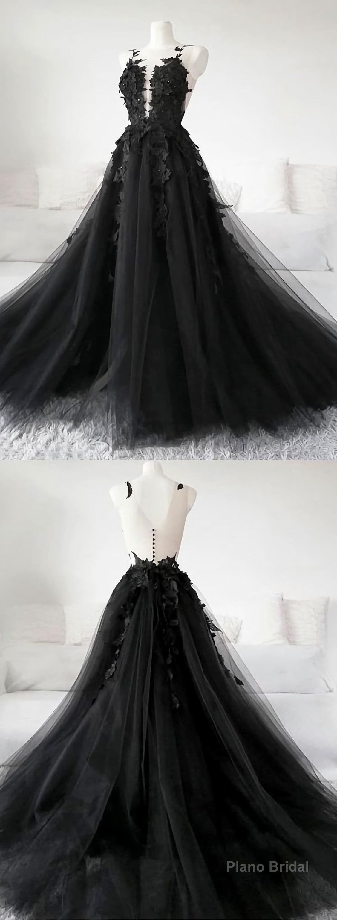 Chic Pretty Black Tulle Applique Long Prom Dress, Black Evening Dress, C0730 Main image