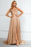 Khaki Spaghetti Straps Bowknot Prom Dress With Slit