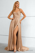 Khaki Spaghetti Straps Bowknot Prom Dress With Slit