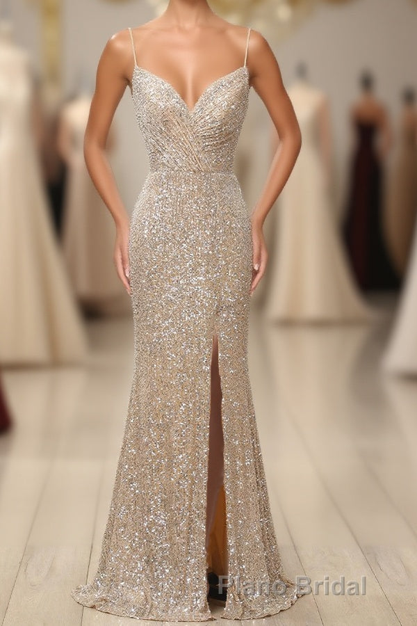 Silver Sequins Long Formal Prom Dresses with Slit Main image