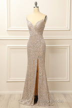 Silver Sequins Long Formal Prom Dresses with Slit