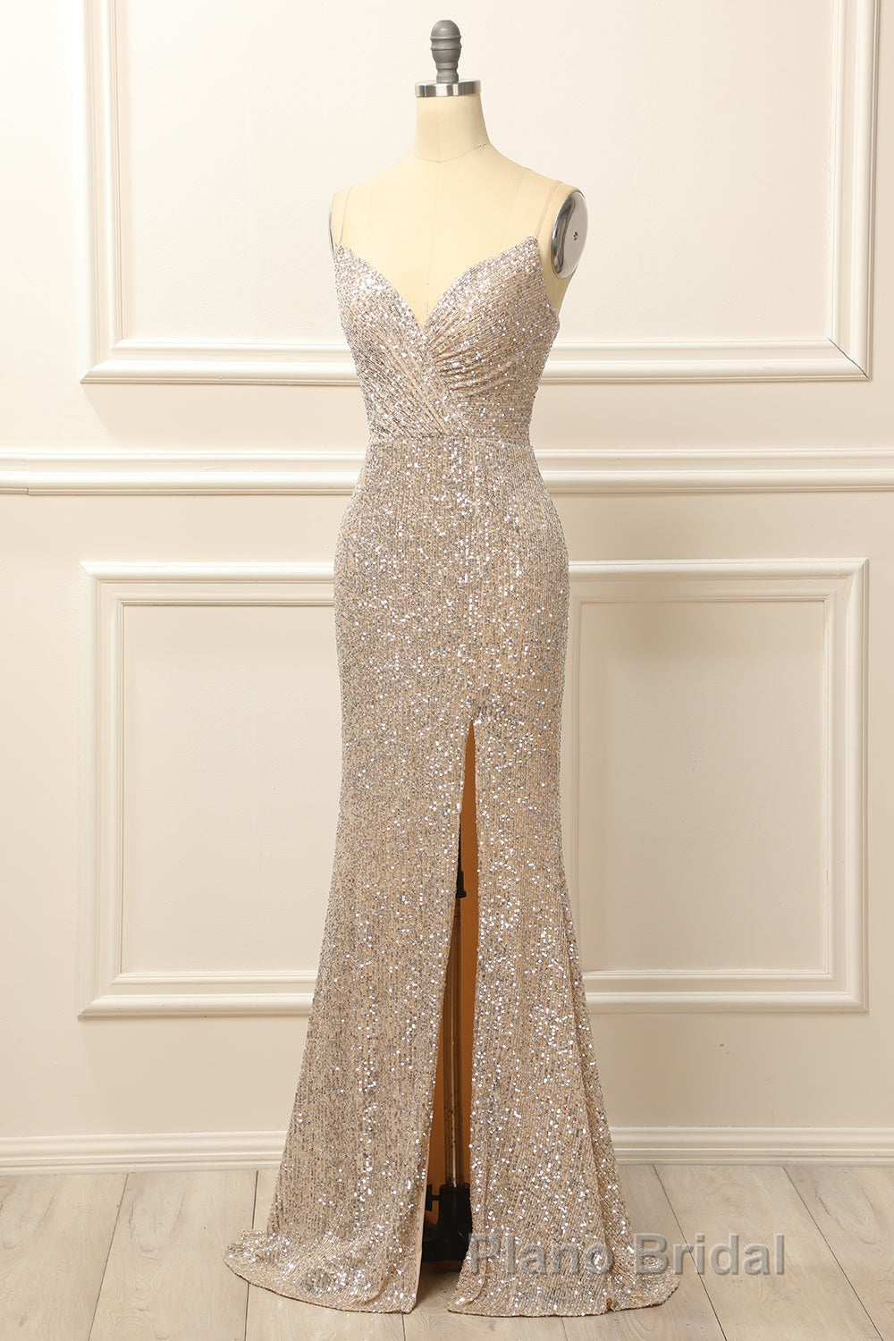 Silver Sequins Long Formal Prom Dresses with Slit