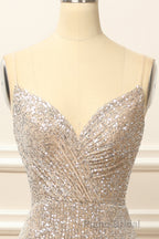 Silver Sequins Long Formal Prom Dresses with Slit