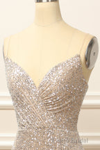 Silver Sequins Long Formal Prom Dresses with Slit