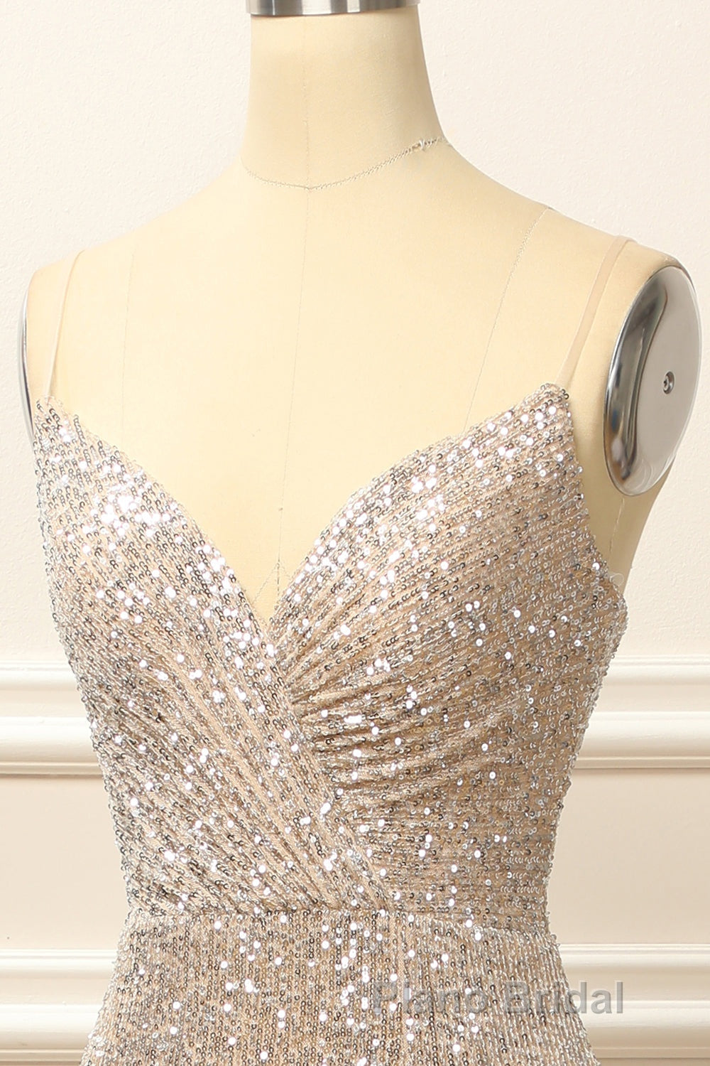 Silver Sequins Long Formal Prom Dresses with Slit