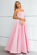 Pink Lace Up A-Line Strapless Prom Dress