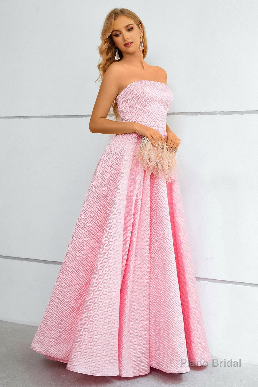 Pink Lace Up A-Line Strapless Prom Dress