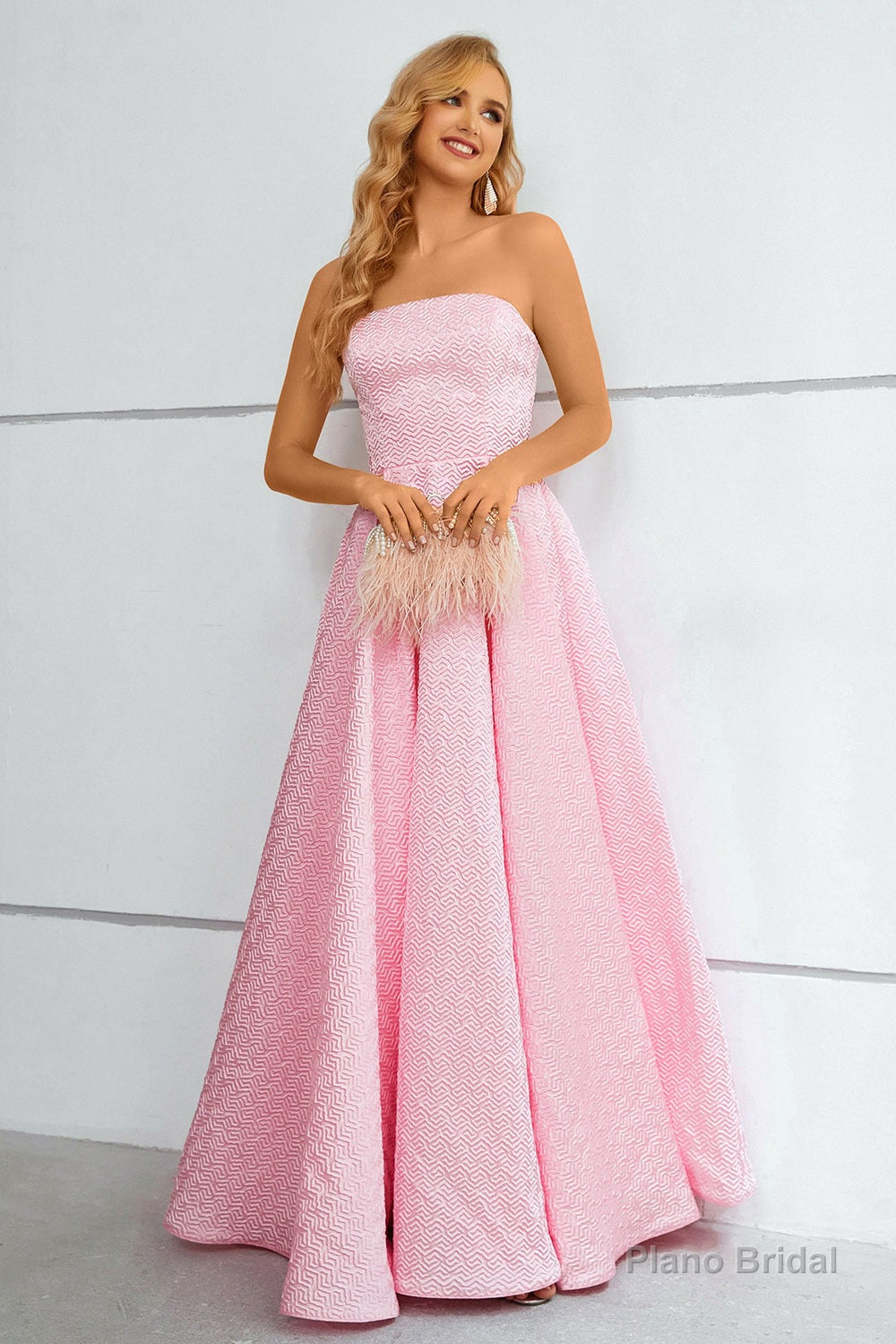 Pink Lace Up A-Line Strapless Prom Dress