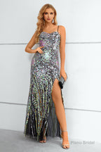 Black Spaghetti Straps Beaded Prom Dress With Slit