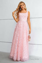 Pink A-Line Lace-Up Back Prom Dress With 3D Flowers