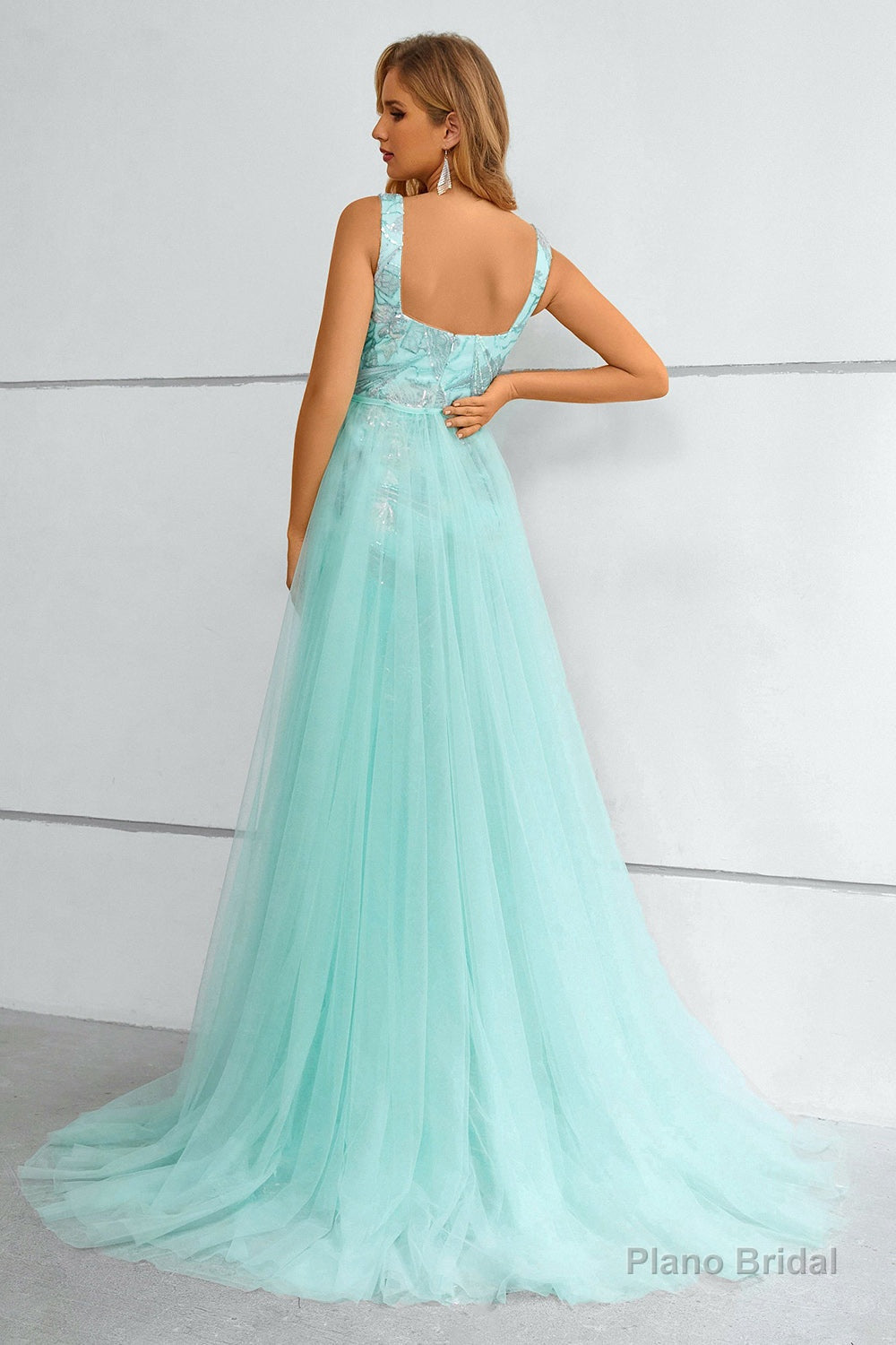 Green Square Neck Mermaid Sequined Prom Dress With Detachable Train Secondary image