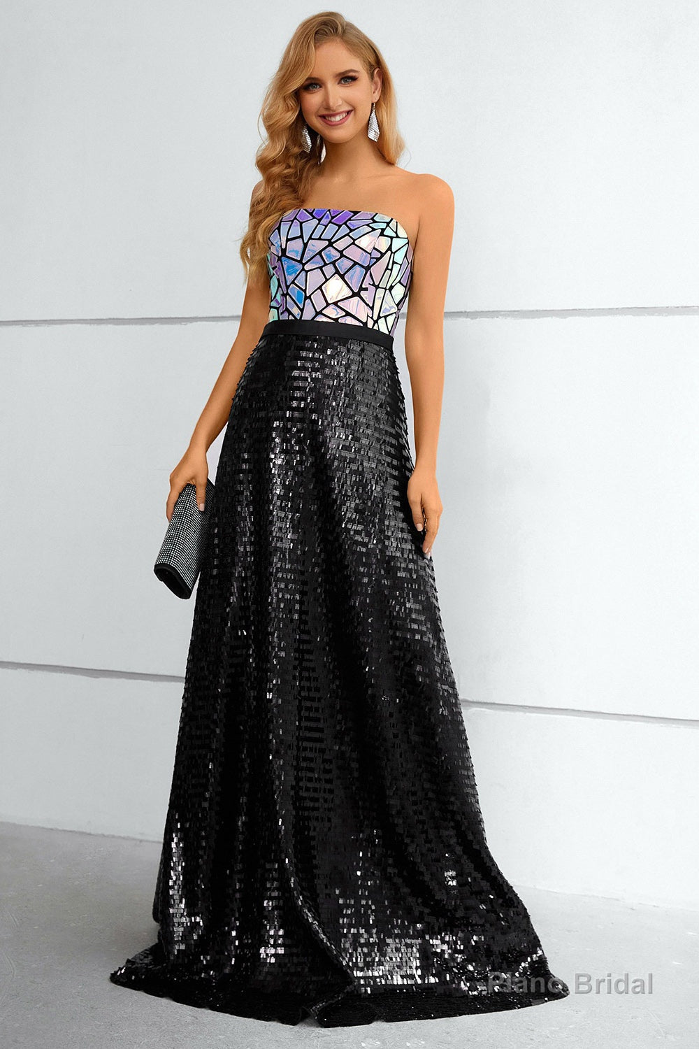 Black Sequined Strapless Prom Dress Main image