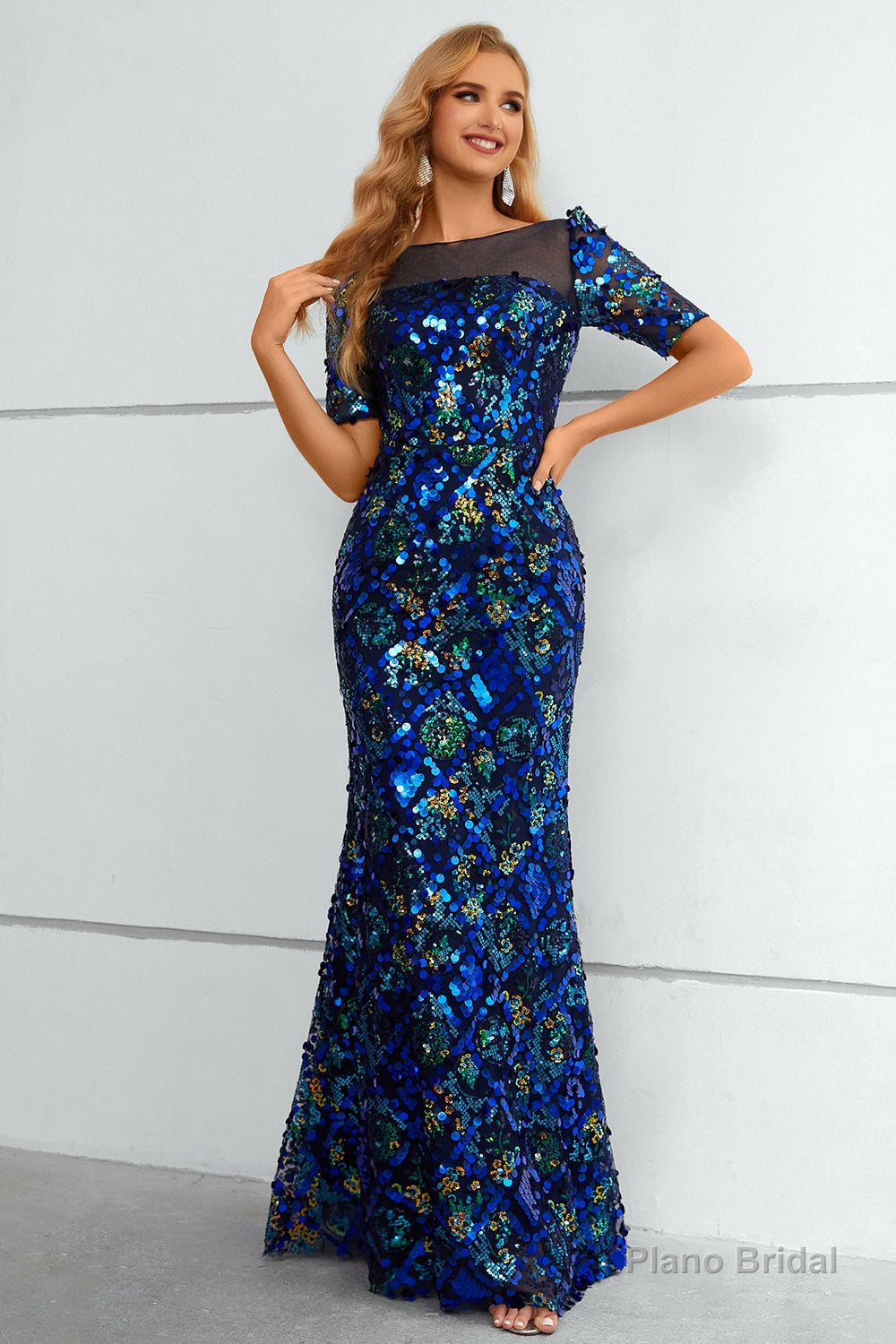 Royal Blue Sequined Short Sleeves Formal Dress