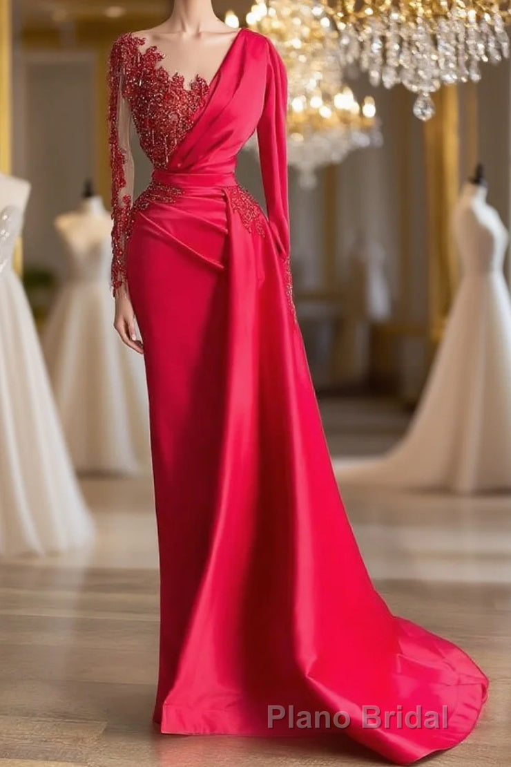 Gorgeous Red Long Sleeve Mermaid Evening Dresses Lace Appliques Formal Prom Gown Ruffles Main image