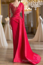 Gorgeous Red Long Sleeve Mermaid Evening Dresses Lace Appliques Formal Prom Gown Ruffles