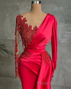 Gorgeous Red Long Sleeve Mermaid Evening Dresses Lace Appliques Formal Prom Gown Ruffles