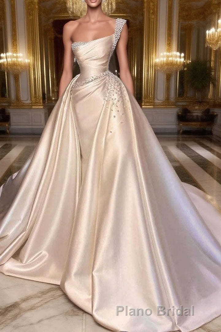 Glamorous One Shoulder Pearl Wedding Dresses Overskirt Bridal Gowns On Sale Main image