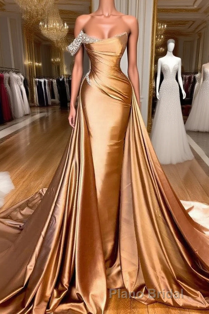 Chic One Shoulder Beaded Mermaid Formal Prom Dresses With Court Train Main image