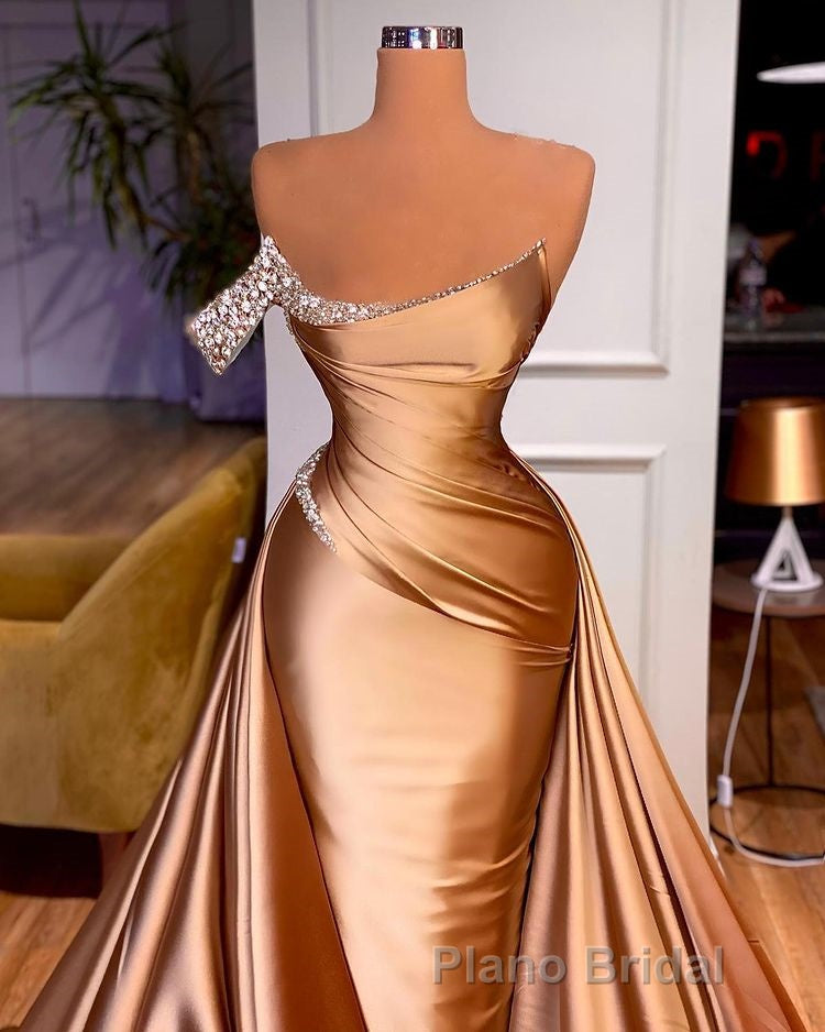 Chic One Shoulder Beaded Mermaid Formal Prom Dresses With Court Train