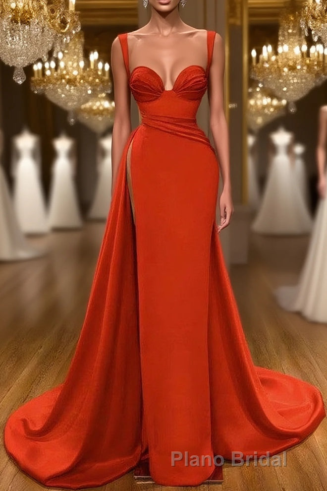 Beautiful Red Starps Sweetheart Long Formal Prom Dresses With Split