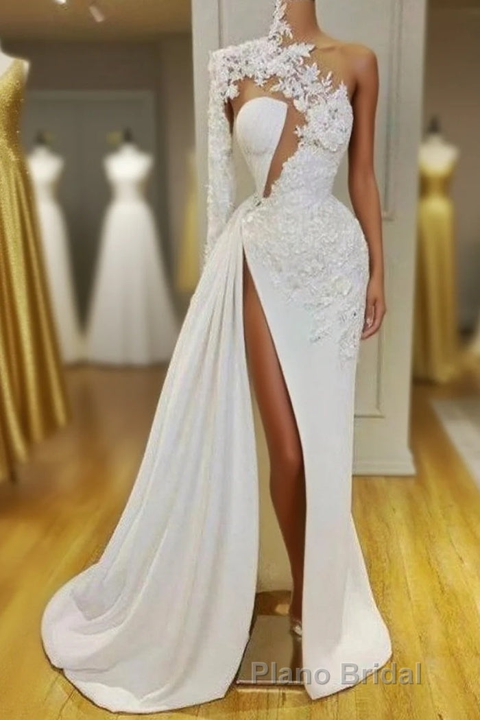Gorgeous One Shoulder Long Sleeve Formal Prom Dresses With Lace Appliques Side Slit Main image