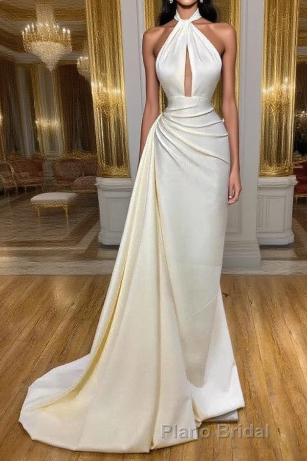 Ivory Halter Long Evening Formal Prom Dresses With Split Detachable Train Main image
